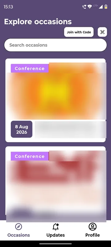 Explore occasions screen with Join with Code and QR buttons, a search box and occasion cards with type chips and date badges, organisation artwork blurred