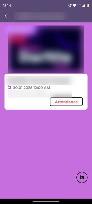Occasion screen with a blurred banner and title, a date line and an Attendance button for admins