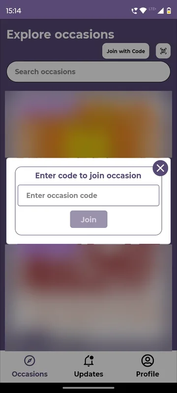 Enter code to join occasion dialog with a code field and a Join button over the dimmed, blurred occasion list
