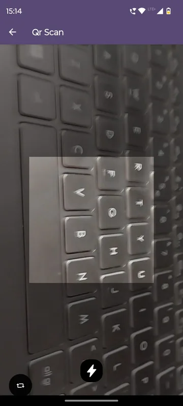 QR Scan camera view with a framing square, a torch button and a camera flip button