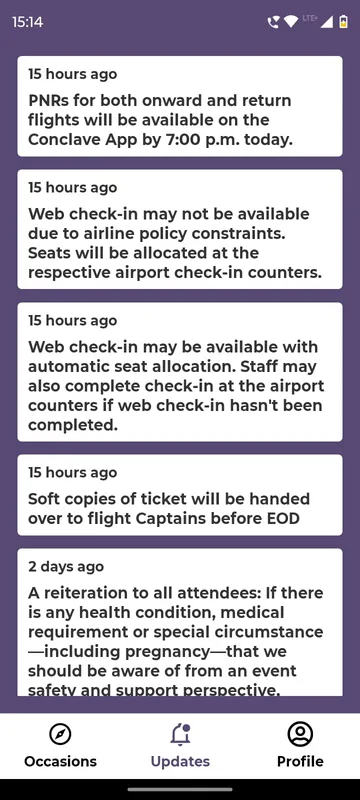 Updates tab listing travel and safety announcements newest first, each with how long ago it was sent