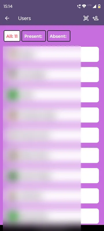 Users screen with All, Present and Absent filter buttons, scan and add-person icons and a list of attendees whose names and photos are blurred