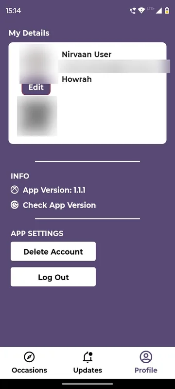 My Details profile with photo, email and QR blurred, app version, Check App Version, Delete Account and Log Out