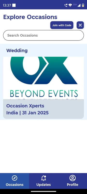 Explore Occasions list with a search field, Join with Code and QR buttons and a Wedding category card showing the agency logo and a January 2025 date