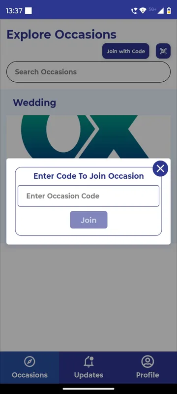 Enter Code To Join Occasion dialog over the dimmed Explore Occasions list with a code field and a Join button