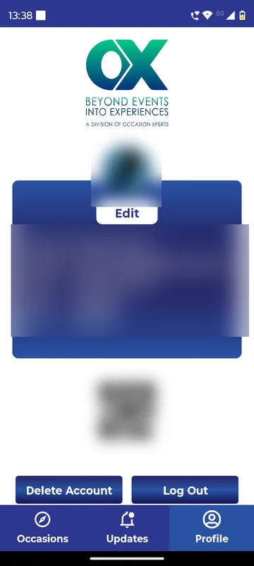 Profile tab with personal details and the attendance QR code blurred above Delete Account and Log Out buttons