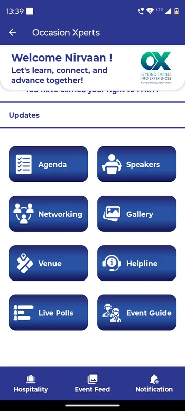 Occasion home with a welcome header and blue tiles for Agenda, Speakers, Networking, Gallery, Venue, Helpline, Live Polls and Event Guide above a Hospitality, Event Feed and Notification bar