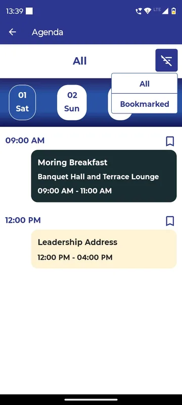Agenda with two date chips, an All and Bookmarked filter and session cards for a morning breakfast and a leadership address