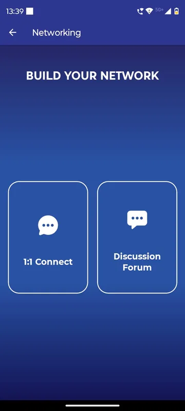 Networking page headed Build Your Network with two large tiles for 1:1 Connect and Discussion Forum
