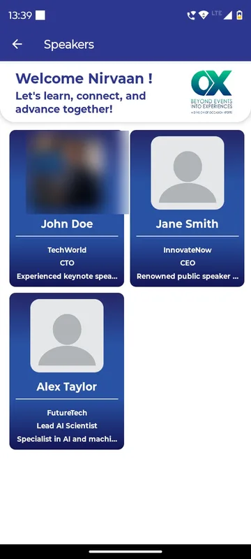 Speakers page with three profile cards showing name, company, role and a short biography, one photo blurred