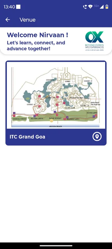 Venue page showing an illustrated resort site map of a beach resort in Goa with the venue name and a location pin below