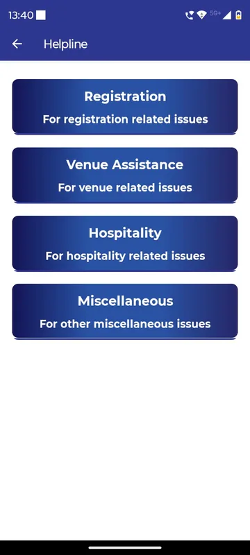 Helpline page with four large categories for registration, venue assistance, hospitality and miscellaneous issues