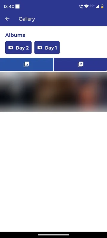 Gallery with Day 2 and Day 1 album buttons, photo and video tabs and a blurred strip of event photos