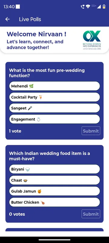 Live polls page with two wedding themed multiple choice questions, emoji options, vote counts and Submit buttons