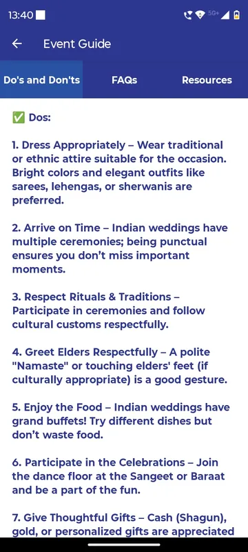 Event Guide with Do's and Don'ts, FAQs and Resources tabs and a numbered list of wedding etiquette tips