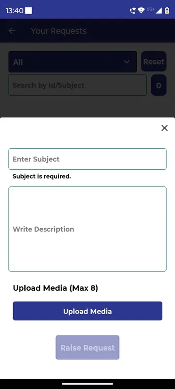Raise a request sheet with a subject field, a description box, Upload Media for up to eight files and a Raise Request button