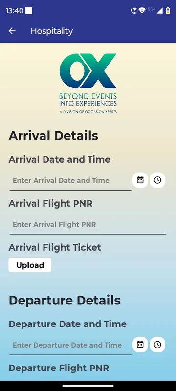 Hospitality form with arrival and departure date and time pickers, flight PNR fields and a flight ticket upload button