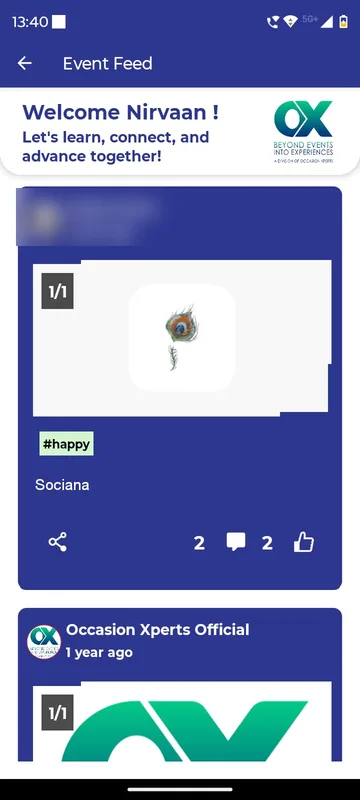 Event feed with a hashtagged image post whose author is blurred and an official agency post with like and comment counts