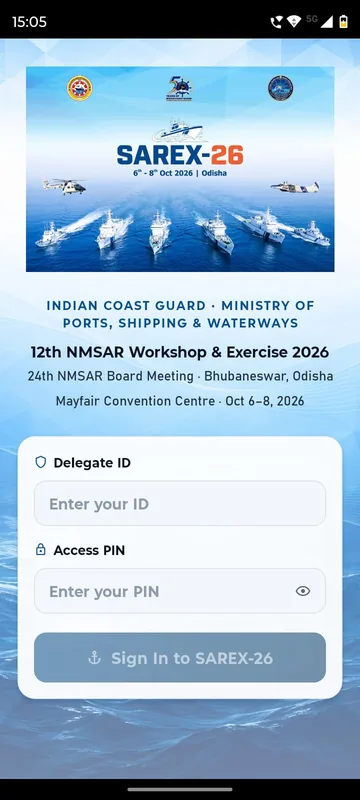 Delegate login with an event poster, a Delegate ID field, an Access PIN field with a show toggle and a Sign In button