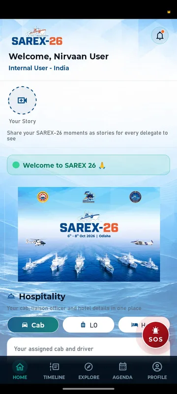 SAREX-26 home with a welcome line, a Your Story prompt, a pinned welcome strip, the event poster and a Hospitality card with Cab, LO and Hotel tabs and a red SOS button
