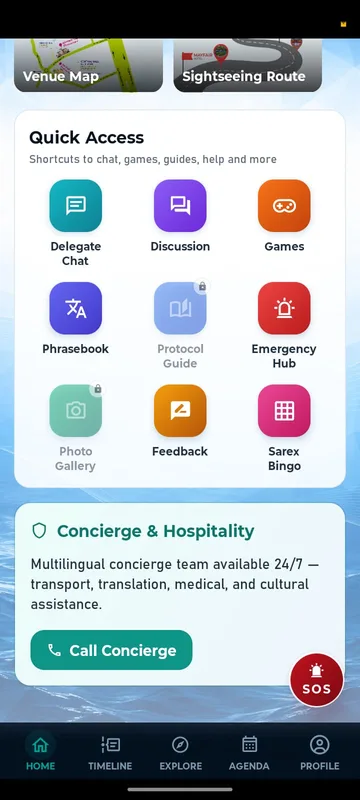 Quick Access grid of nine tiles for delegate chat, discussion, games, phrasebook, protocol guide, emergency hub, photo gallery, feedback and bingo above a Concierge and Hospitality card with a Call Concierge button
