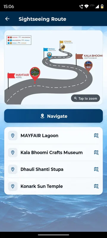 Sightseeing route illustration with pins for the hotel and city landmarks, a Navigate button and a list of four places with map icons