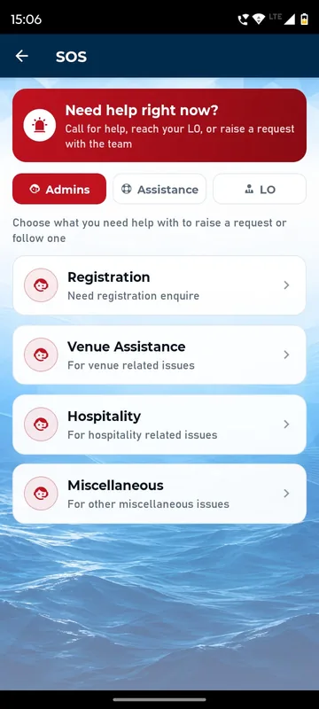 SOS page with a Need help right now banner, Admins, Assistance and LO tabs and registration, venue, hospitality and miscellaneous request categories