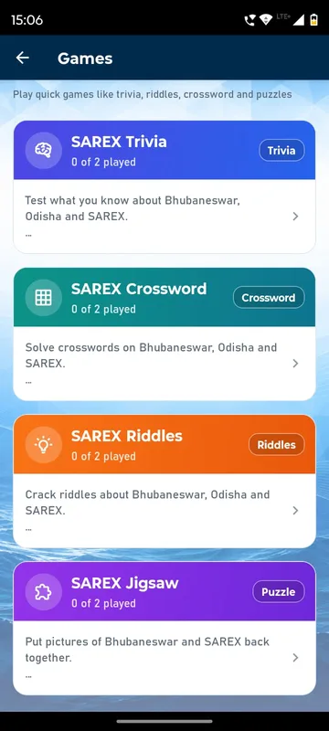 Games page with four themed cards for trivia, crossword, riddles and jigsaw about the host city and the exercise, each showing how many have been played