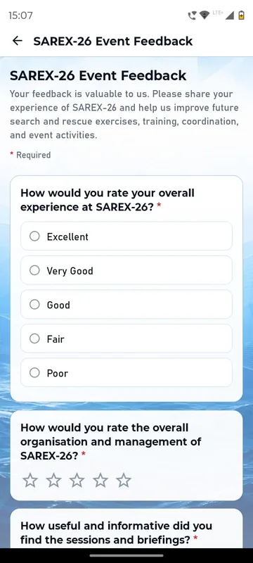 SAREX-26 event feedback form with an overall experience radio list from Excellent to Poor, a five star organisation rating and a further question