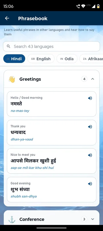 Phrasebook with a search across 43 languages, language chips and greeting phrases shown in native script with transliteration and audio buttons