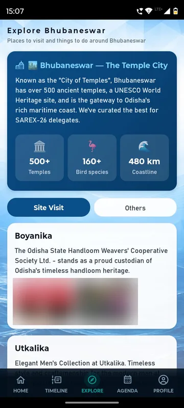 Explore Bhubaneswar guide with a Temple City summary card, Site Visit and Others tabs and a handloom store listing with its photos blurred