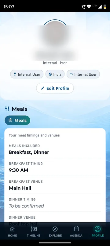 Profile with a blurred photo and name, category chips, an Edit Profile button and a Meals panel listing meals included, breakfast timing and venue and dinner venue