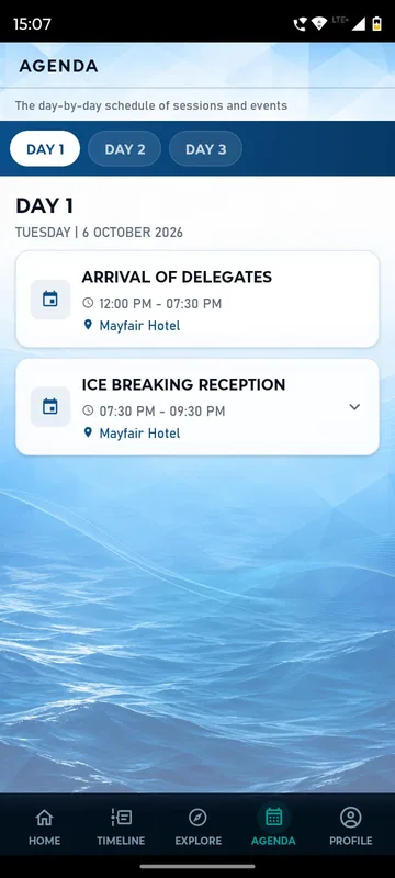 Agenda with Day 1 to Day 3 tabs listing arrival of delegates and an ice-breaking reception with times and hotel venue