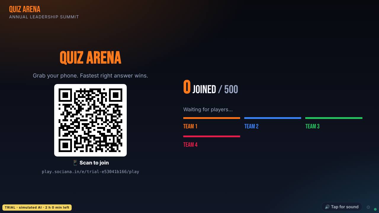 The big screen of a Quiz Arena trial: the title, a QR code to join and the teams