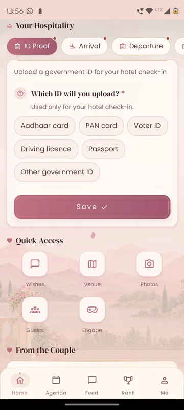 Your Hospitality card with ID proof, arrival and departure tabs and a choice of government ID types with a Save button above a Quick Access grid