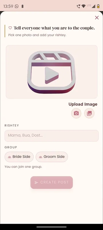 Create post sheet asking guests to pick one photo, add their relationship to the couple and choose bride side or groom side