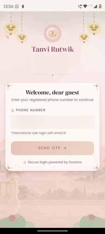 Wedding login card under the couple's monogram reading Welcome, dear guest with a phone number field, a note that international guests sign in with an email ID and a Send OTP button