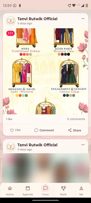 Feed with an official post showing an illustrated outfit guide for each function, with colour swatches and like, comment and share actions