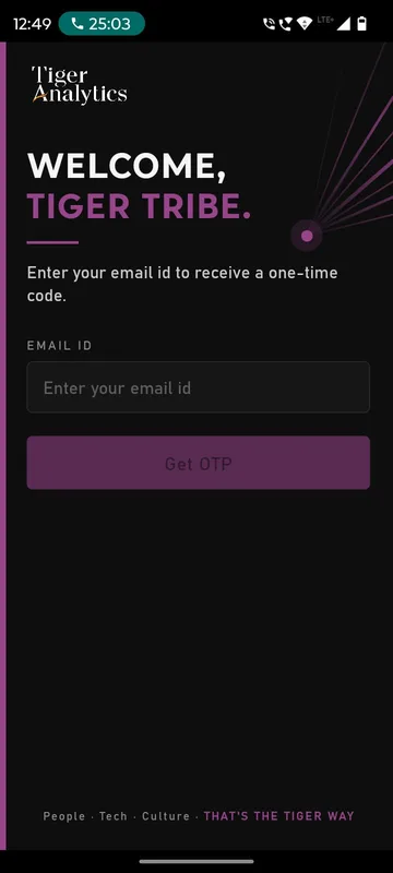 Dark Tiger Analytics login reading Welcome, Tiger Tribe with an email ID field and a Get OTP button