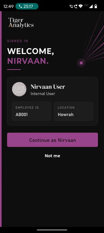 Identity confirmation card showing the signed in test user, employee ID and location with Continue as and Not me buttons