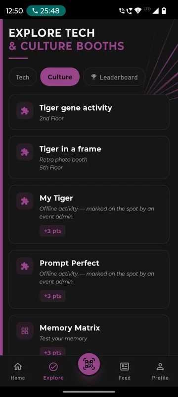 Explore page with Tech, Culture and Leaderboard tabs listing culture activities with floor locations and point values