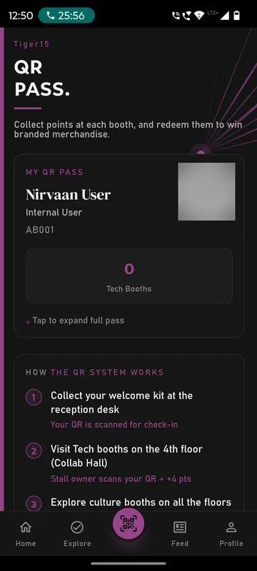 QR Pass page with a compact personal pass, a tech booths counter and numbered steps for the welcome kit check-in, tech booth scans and culture booths; the QR code is blurred