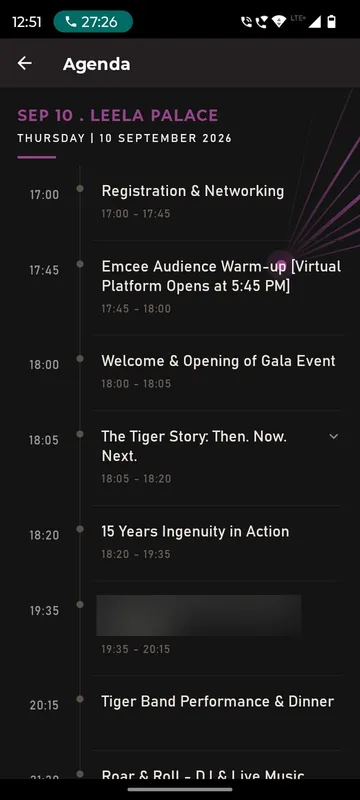 Agenda for 10 September 2026 at Leela Palace with a timeline from registration and networking through the gala opening, talks and dinner