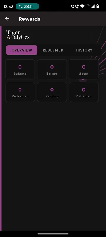 Rewards page with Overview, Redeemed and History tabs and six zero value tiles for balance, earned, spent, redeemed, pending and collected