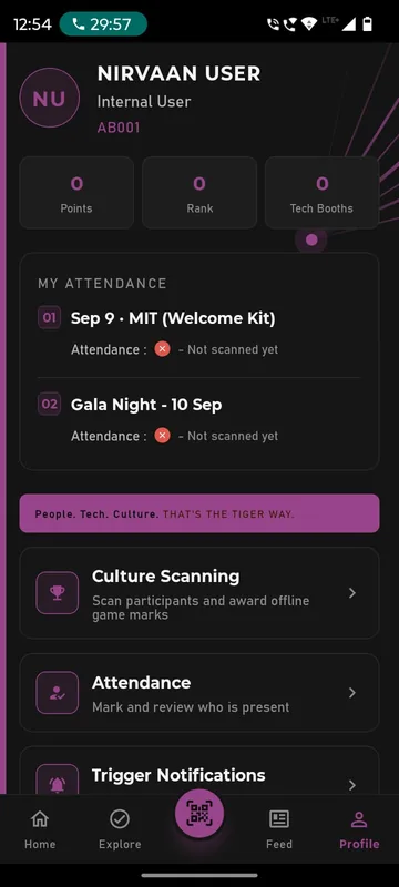 Profile with points, rank and booth counters, a My Attendance panel and organiser tools for culture scanning, attendance and trigger notifications