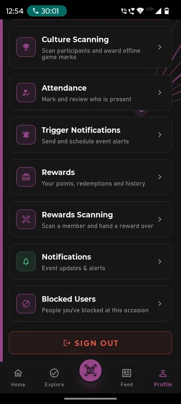 Profile menu with culture scanning, attendance, trigger notifications, rewards, rewards scanning, notifications and blocked users entries