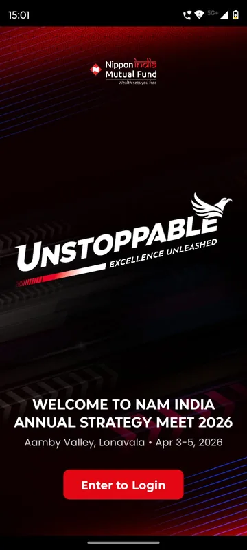 Dark red strategy meet splash with the client logo, an Unstoppable wordmark, event dates and venue and an Enter to Login button