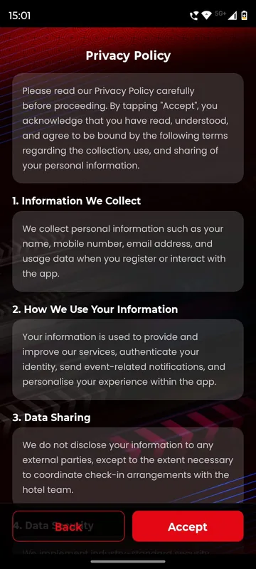 Privacy policy screen in the strategy meet app explaining what personal information is collected, how it is used and when it is shared, with Back and Accept buttons