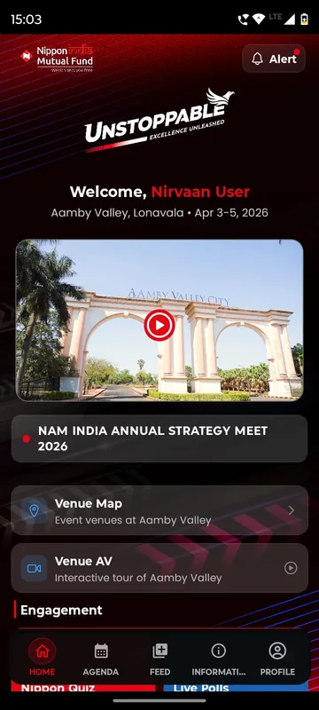 Home with a welcome line, a venue video thumbnail, an event title bar, Venue Map and Venue AV entries and an Alert bell