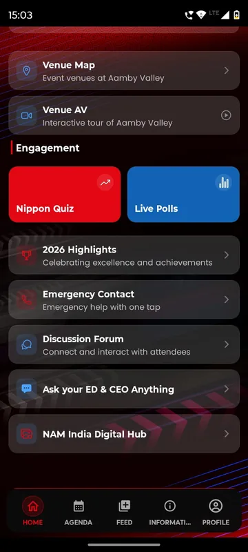 Home list with Nippon Quiz and Live Polls tiles and links to 2026 highlights, emergency contact, discussion forum and ask the leadership anything